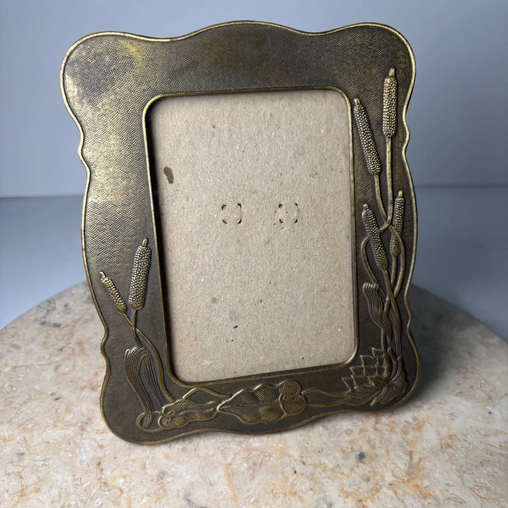 Vintage Art Nouveau Picture Frame 6.5x5.5 Gold Brass Tone Cattails Water Lily